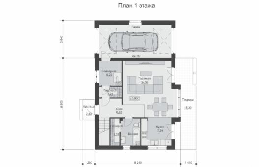 Одноэтажный дом с мансардой, гаражом и отделкой штукатуркой и планкеном.